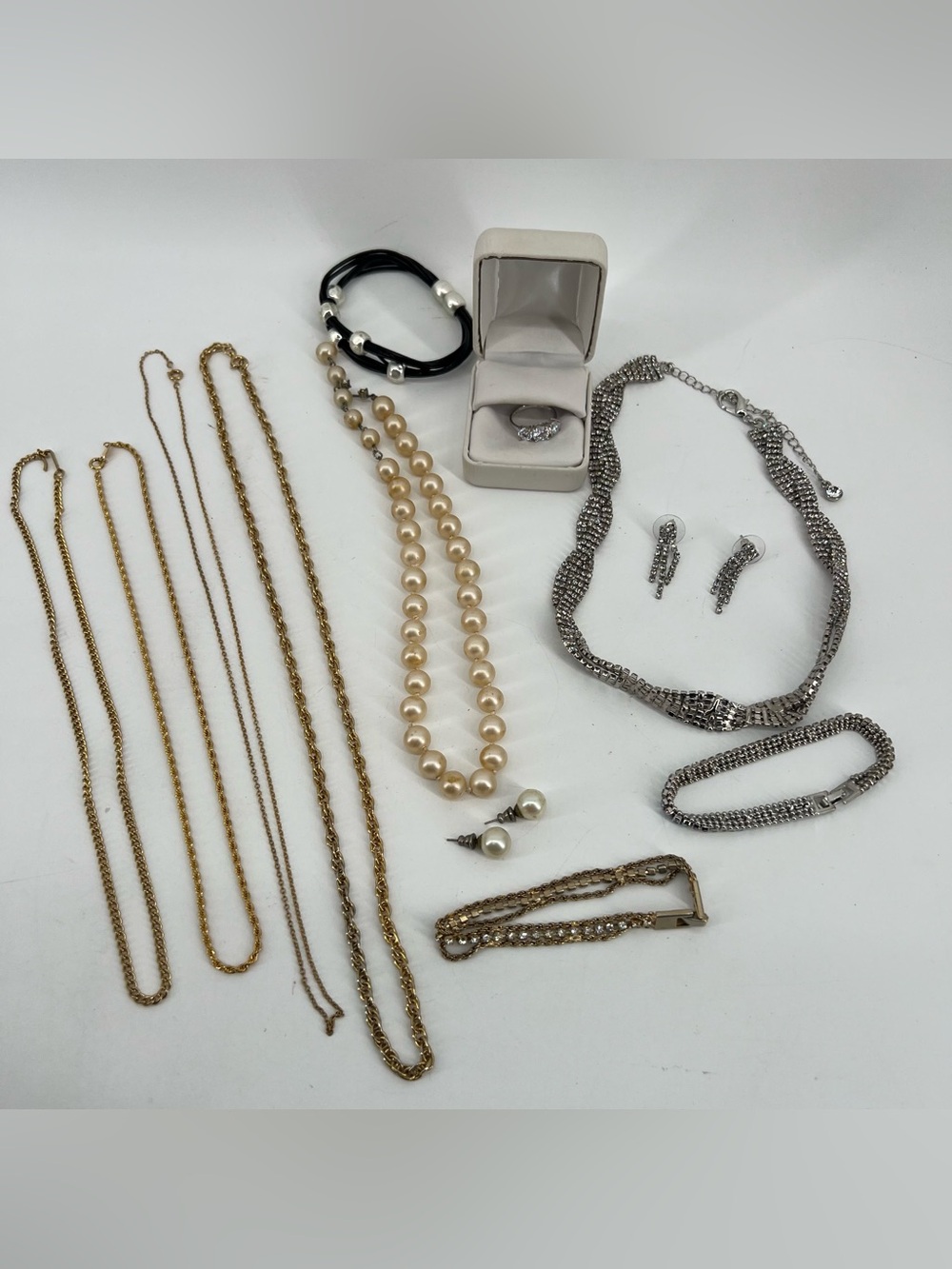 Lot Of 12 Costume Jewelry CZ Ring & Tennis Bracelet, Misc. Necklaces & Earrings
